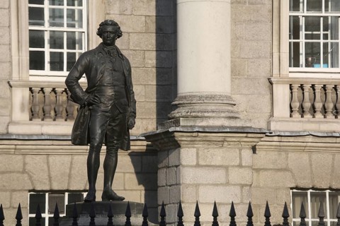 A statue of Edmund Burke (b. 1729) done by J.H Foley and standing in front of Trinity College,