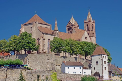 Historic church on a hill, surrounded by trees and an old stone wall, Cathedral, Breisach, Rhine,
