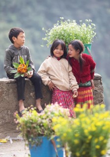 Vietnamese children selling flowers in the northern mountains, Ha Giang province, Vietnam, Asia
