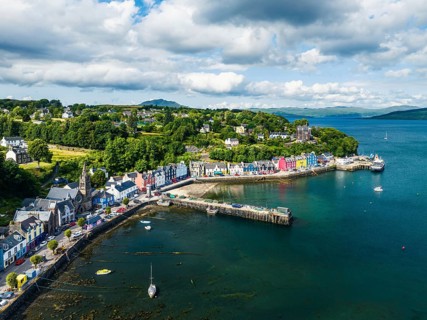 Tobermory from a drone, Isle of Mull, Scottish Inner Hebrides, Scotland, UK
