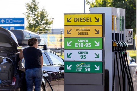 Petrol station on the A8 motorway, Total Energies petrol pump, Denkendorf, Baden-Württemberg,