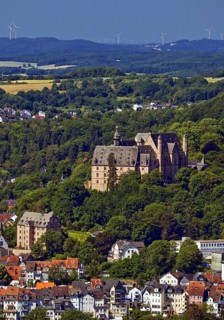 Elevated city view of the landgrave's castle and the old town, Marburg an der Lahn, Hesse, Germany,