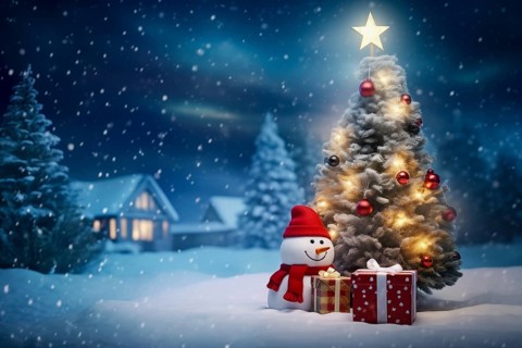 Peaceful and serene Christmas scene with a decorated Christmas tree with gifts presents and a cute