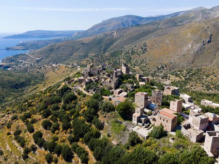 Drone shot, Vathia, Ithylo, Anatoliki Mani, Mani, Lakonia, Peloponnese, Greece, Europe