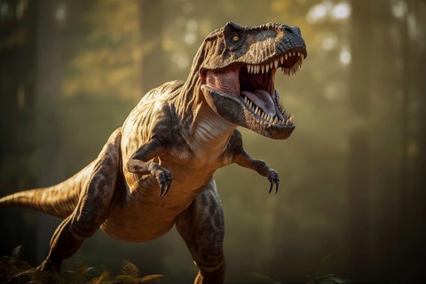 Tyrannosaur rex roaring in a prehistoric forest with lush vegetation, ferns and sunlight, AI