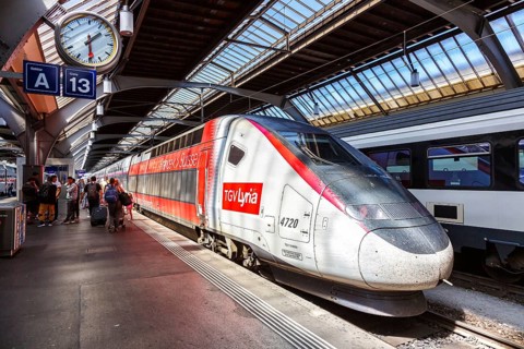 TGV Lyria high-speed train SNCF railway train at Zurich main station, Switzerland, Europe