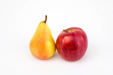 Apple and pear, studio shot, white background, healthy food