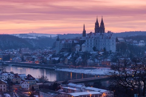 View from the Proschwitz Winery of Meissen Castle Hill with Albrechtsburg Castle, Bishop's Palace
