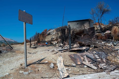 Burnt land, trees, bushes, fire, forest fire 2023 Mountain village of Laerma, Rhodes, Dodecanese,