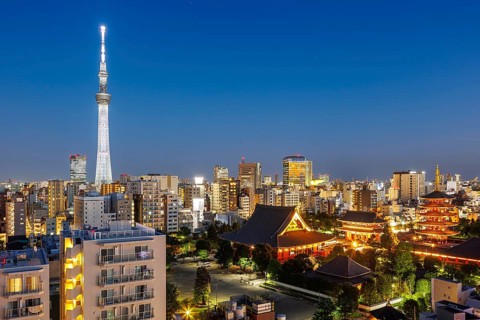 Tokyo SkyTree tower with the skyline skyscrapers at night in Tokyo, Japan, Asia
