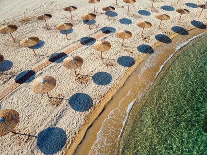Aerial view, sunshades, Ema beach, Toroni, Torone, Sithonia, Chalkidiki, Central Macedonia, Greece,