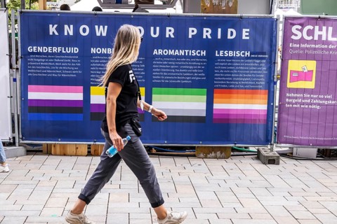 Banner with definition of terms: Genderfluid, Nonbinary, Aromantic or just Lesbian? A colour code