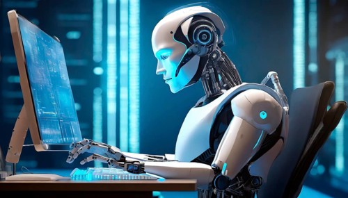 A robot in human form works on a computer, generated with AI