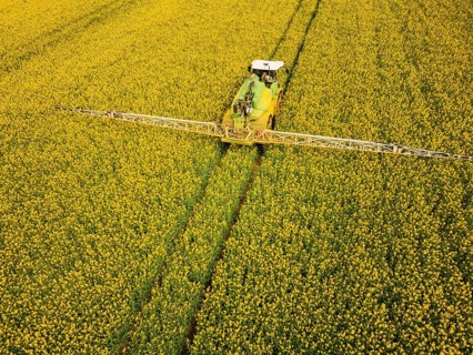 Crop protection products are applied to a rapeseed field on the outskirts of Dresden