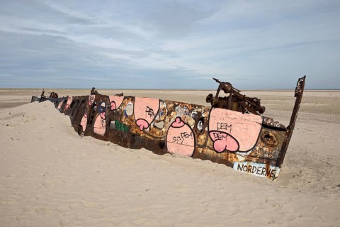 Wreck of the 1967 stranded shellsucker Pionier in the nature reserve of the island of Norderney,