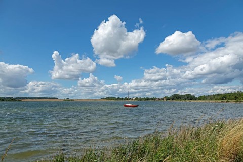Clouds, boat, water, Schlei near Maasholm, Schleswig-Holstein, Germany, Europe