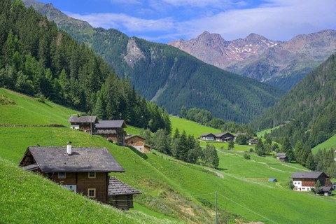 View from the farm hiking trail into the Ulten Valley, Ulten, South Tyrol, Italy, Europe