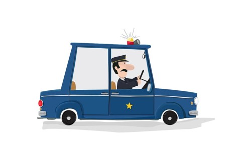 Big nose cop in his fancy police car with lights and siren on is chasing bad guys over a white