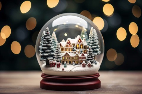 Winter Wonderland with house trees in Glass Ball Snow Globe on table and blurred bokeh background,