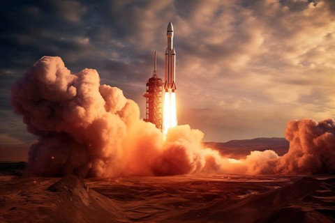 View of a rocket launch at sunrise sunset over an ocean coast. The rocket is blasting off with a
