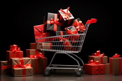 A black Friday Sale concept, black present boxes with red ribbons in shopping cart on a black
