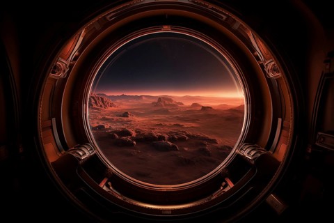 Mars landscape seen through spaceship window illuminator. Concept of extraterrestrial journey space