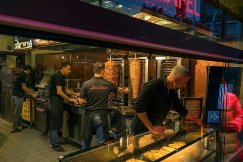 Kebab shop in a pedestrian zone, Bavaria, Germany, Europe