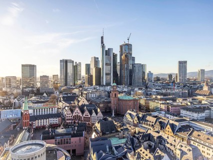 View of the banking district in the evening, skyscrapers of the credit institutions, Mainhatten, in