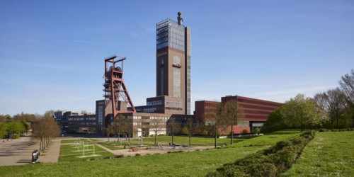 Nordstern colliery with winding tower and factory halls in Nordsternpark, Gelsenkirchen, Ruhr
