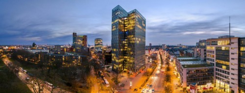 Panorama aerial view Dancing Towers at blue hour with Reeperbahn, St. Pauli, Hamburg, Germany,