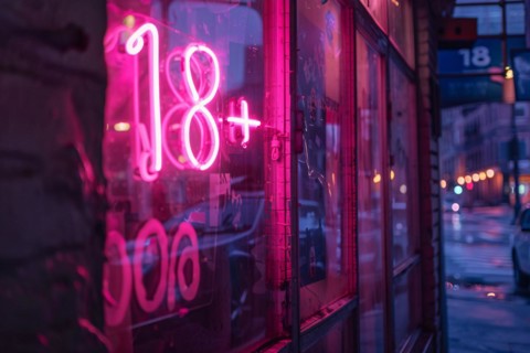 Pink neon light text '18+' glowing in window of bar at night. KI generiert, generiert, AI generated