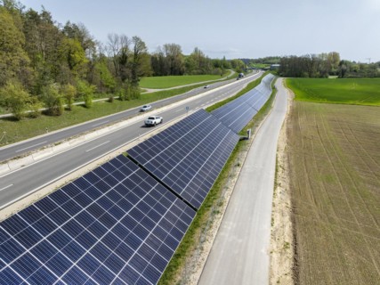 Aerial photo, solar modules, solar park, photovoltaics, power generation from solar energy on a