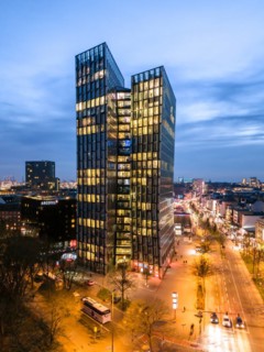 Aerial view Dancing Towers at blue hour with Reeperbahn, St. Pauli, Hamburg, Germany, Europe