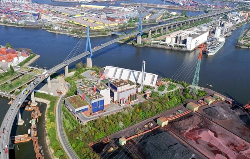 Aerial view of the MV Rugenberger Damm waste incineration plant, Köhlbrand, Köhlbrand Bridge,