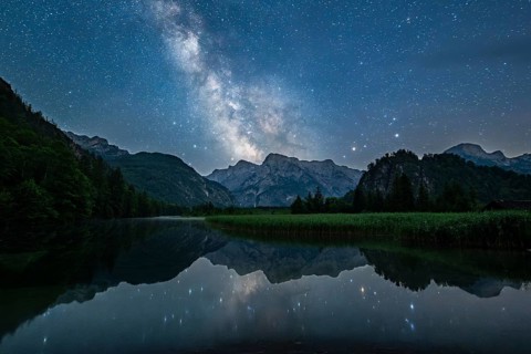 Milky Way over Almsee, Reflection, Totes Gebirge, Grünau, Almtal, Salzkammergut, Upper Austria,