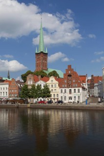 View over the Lübecker St. Petri Church, Petrikirche along the river Obertrave at Lübeck,