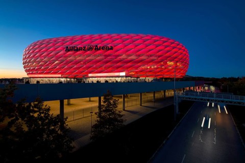 CL, Champions League evening, Allianz Arena, car park, illuminated, overview, blue hour, Munich,