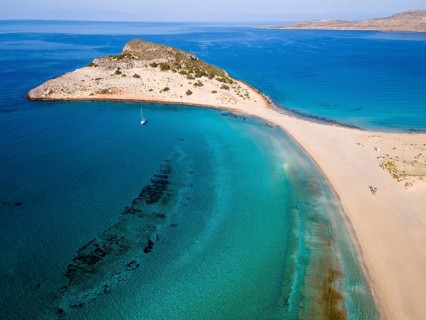 Drone shot, double bay of Simos beach, Sarakiniko beach, Elafonisos, Deer Island, Laconia,