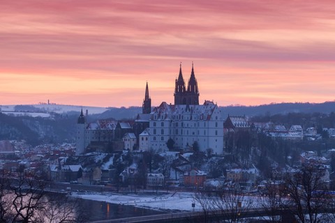 View from the Proschwitz Winery of Meissen Castle Hill with Albrechtsburg Castle, Bishop's Palace