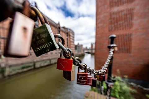 Love locks, Speicherstadt, Hamburg, Germany, Europe