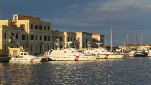 Evening light, harbour, Italian coast guard ships, close, harbour front buildings, Catania, east
