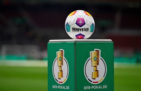 Adidas Derbystar match ball on podium, logo, DFB Cup, MHPArena, MHP Arena Stuttgart,