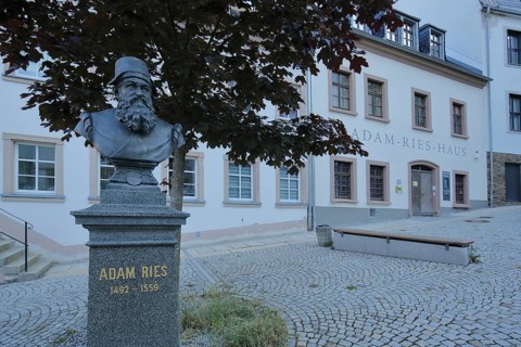 Monument to Adam Ries in front of the museum, inscription, Riese, Annaberg-Buchholz, Middle Ore
