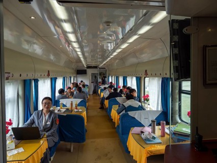 Dining car of the Tibet railway, Tibet, China, Asia