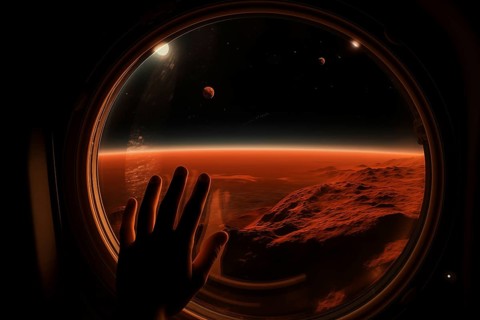 Mars landscape seen through spaceship window illuminator with astronaut hand touching the glass.