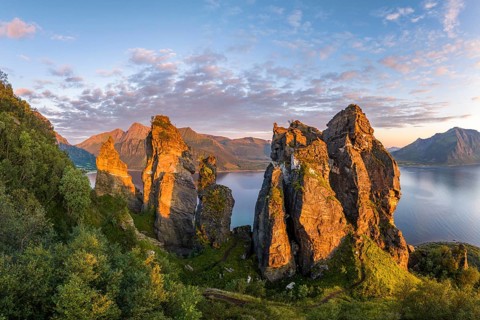 Rock formation Finnesjura in the evening light, Finnesfjellet mountain, Finnes, Helgeland coast,