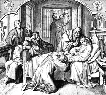 Martin Luther praying at the bedside of the sick Melanchton, Weimar, room, window, table, doctor,