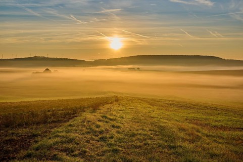 Landscape, fields, fog, sunrise, Höhefeld, Wertheim, Baden-Württemberg, Germany, Europe