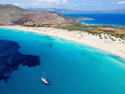 Drone shot, double bay of Simos beach, Sarakiniko beach, Elafonisos, Deer Island, Laconia,
