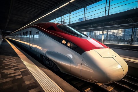 Modern high speed train in a futuristic train station. Modern transportation technology, speed,